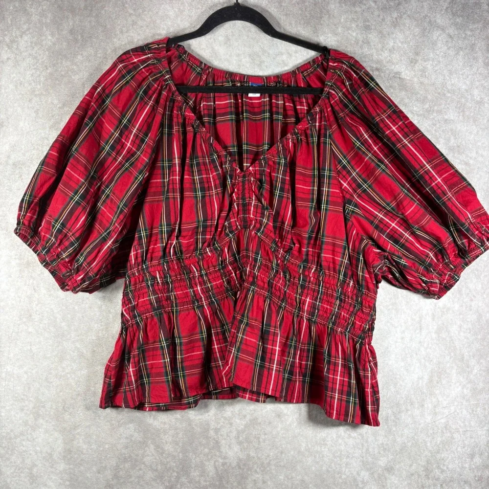 Old‎ Navy Blouse Womens XXL Red Plaid Smocked Peplum Puff Sleeve V-Neck Cotton